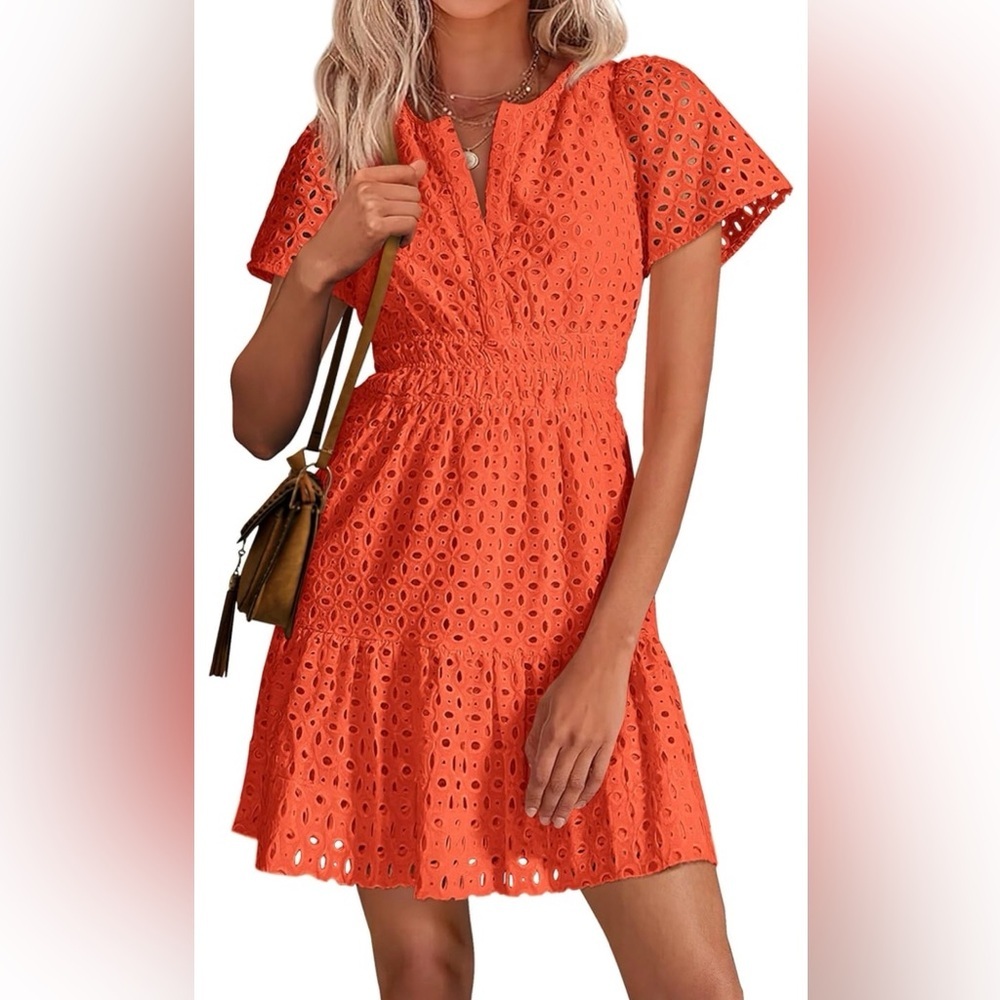 Women’s XL Eyelet Dress • Orange A‑Line • V‑Neck Short Sleeve Party Dress EUC